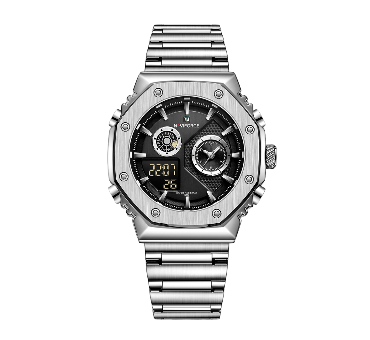 NAVIFORCE NF9216S New Fashionable Style Dual Time Display LCD Digital Analog Quartz Luminous Water Resistant Man Wristwatch-S/B