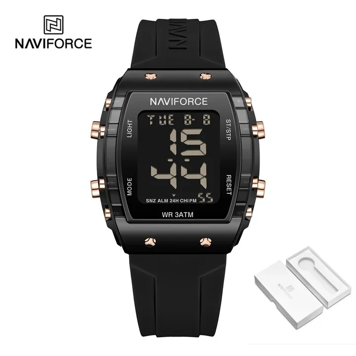 NaviForce NF7102 Women’s Barrel Shape Digital Multifunction Silicon Strap Watch – B/B