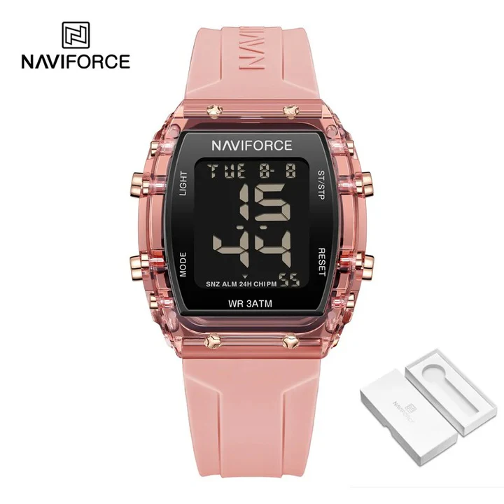 NaviForce NF7102 Women’s Barrel Shape Digital Multifunction Silicon Strap Watch – Pink