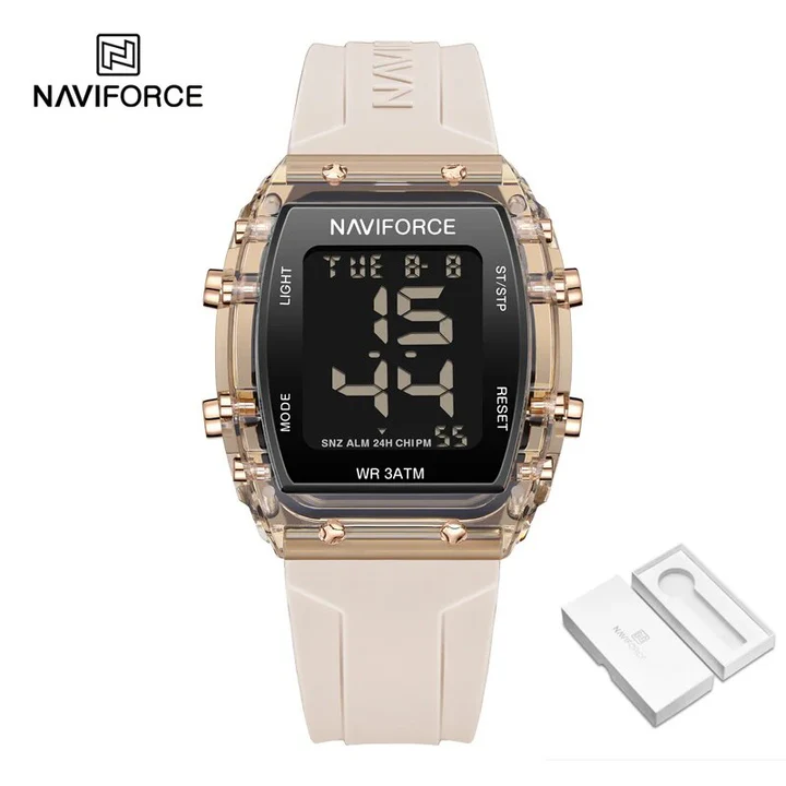 NaviForce NF7102 Women’s Barrel Shape Digital Multifunction Silicon Strap Watch – RG/BG