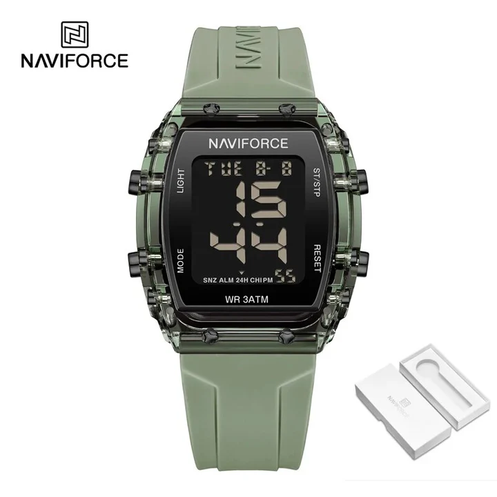 NaviForce NF7102 Women’s Barrel Shape Digital Multifunction Silicon Strap Watch – GN/GN