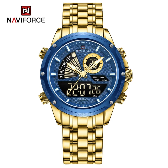 NaviForce NF9205 Luxury Dual Display Men Luminous Stainless Steel Watch-G/BE