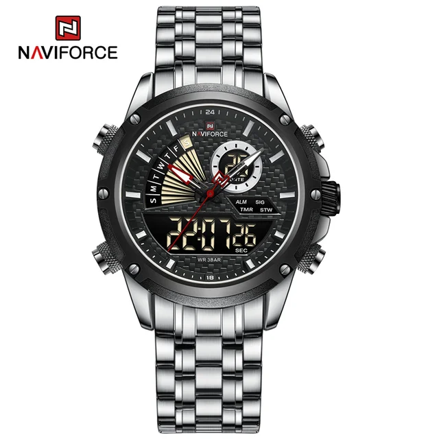 NaviForce NF9205 Luxury Dual Display Men Luminous Stainless Steel Watch -S\B