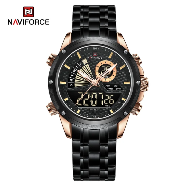 NaviForce NF9205 Luxury Dual Display Men Luminous Stainless Steel Watch-RG/B