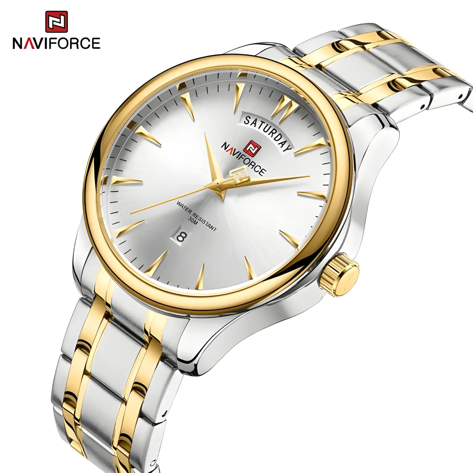Naviforce NF-9213 Day & Date Edition Display Stainless Steel Waterproof Watch for Men -Silver/Gold