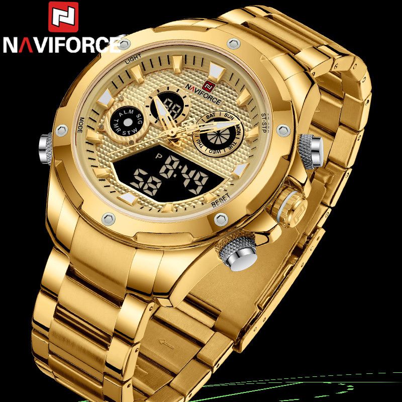 NaviForce NF9217 Men’s Dynamic Dual Display Multifunction Stainless Steel Watch – Golden
