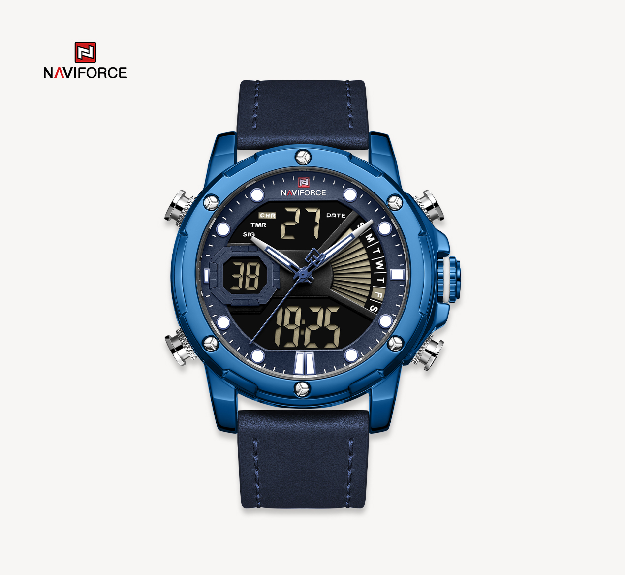 NAVIFORCE Men Military Sport Digital Watch Leather Strap Waterproof Quartz Watches NF9172L-BE/BE/BE