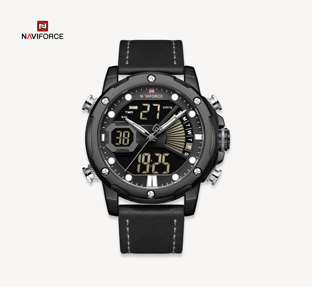 NAVIFORCE Men Military Sport Digital Watch Leather Strap Waterproof Quartz Watches NF9172L-B/GY/B