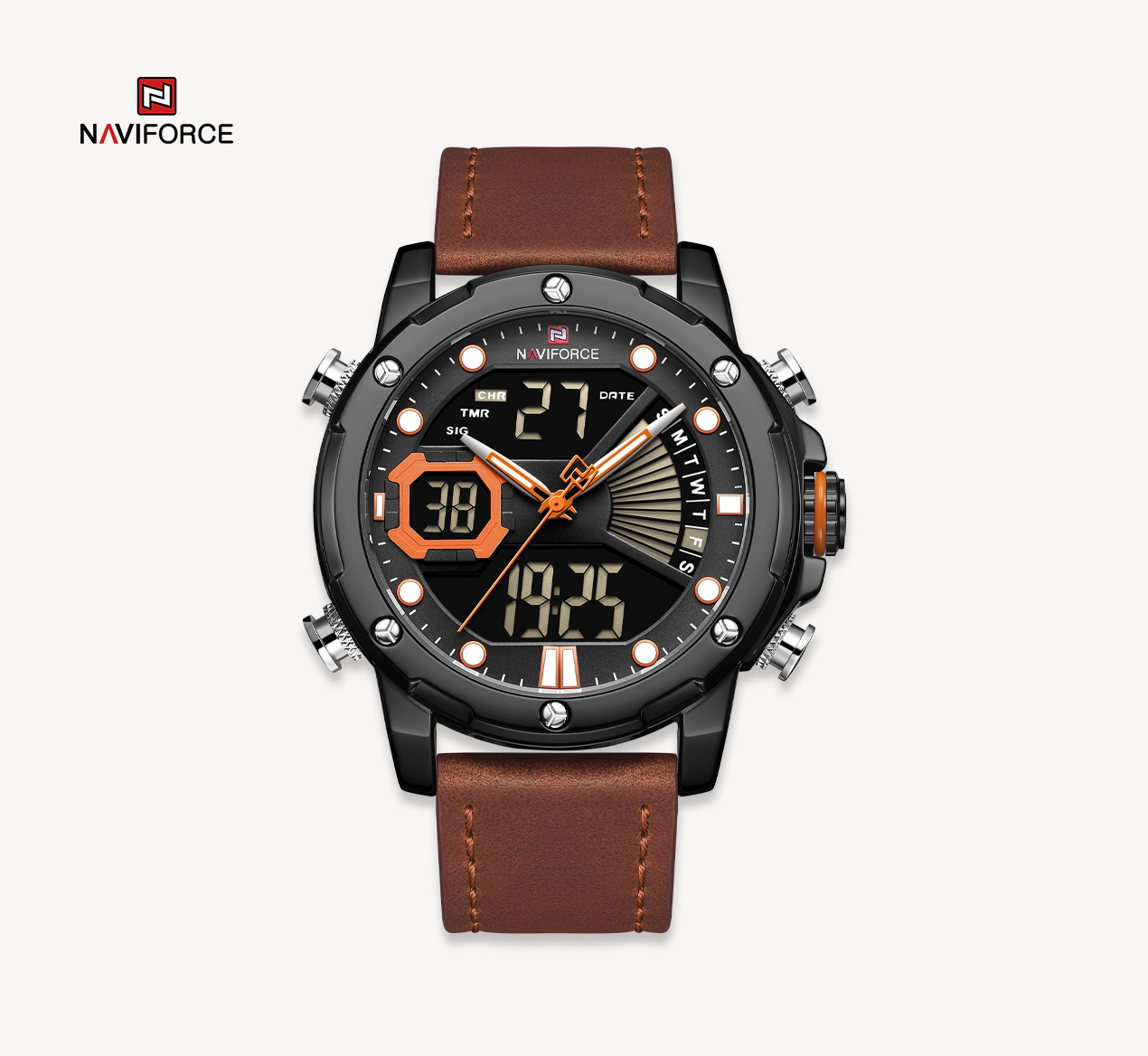 NAVIFORCE Men Military Sport Digital Watch Leather Strap Waterproof Quartz Watches NF9172L-B/O/L.BN