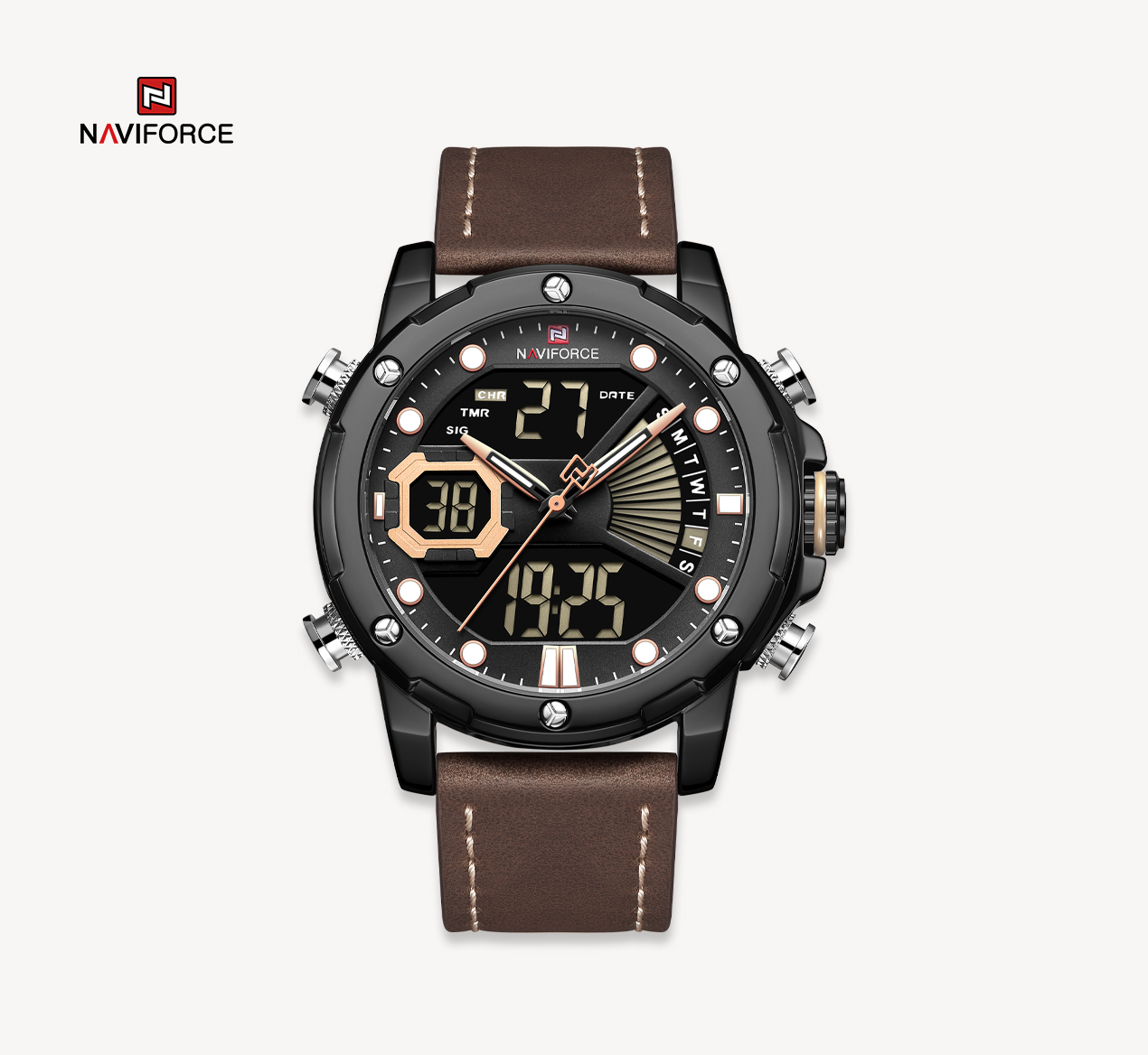NAVIFORCE Men Military Sport Digital Watch Leather Strap Waterproof Quartz Watches NF9172L-