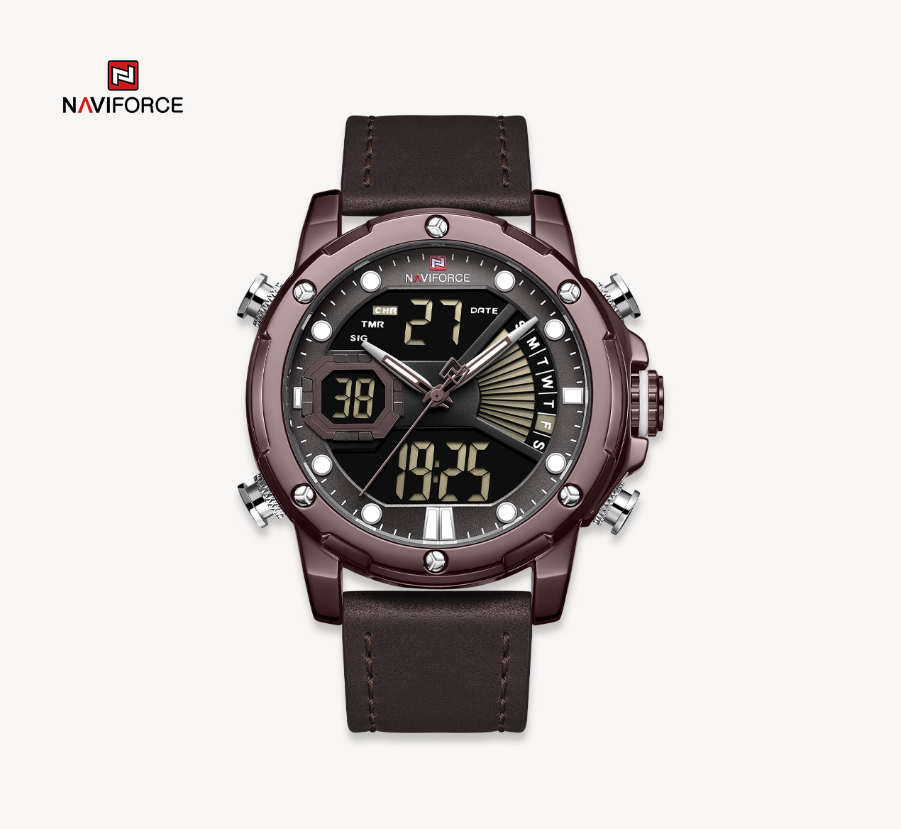 NAVIFORCE Men Military Sport Digital Watch Leather Strap Waterproof Quartz Watches NF9172L-CE/CE/D.BN