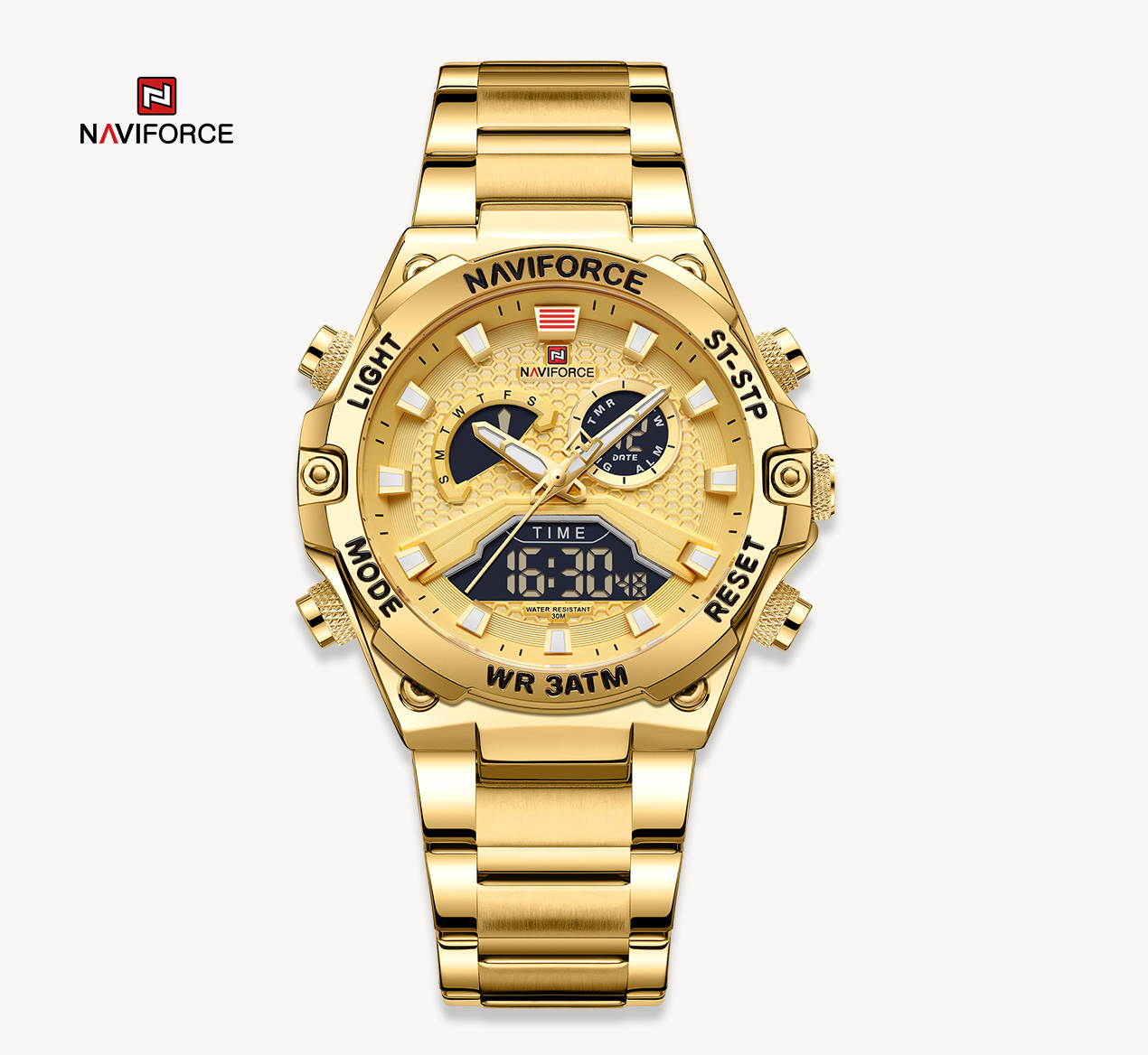 NAVIFORCE NF9207 Military Fashion Quartz Luminous Dual Display Waterproof Male LED Digital Alarm Clock Men Watches-G/G/G