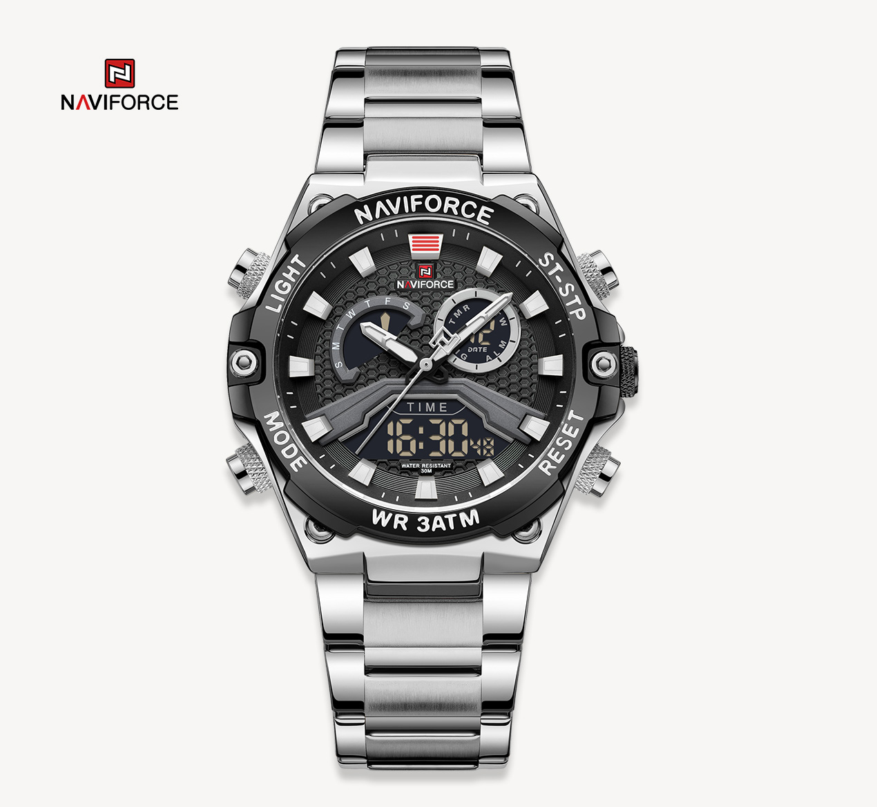 NAVIFORCE NF9207 Military Fashion Quartz Luminous Dual Display Waterproof Male LED Digital Alarm Clock Men Watches-S/B/B