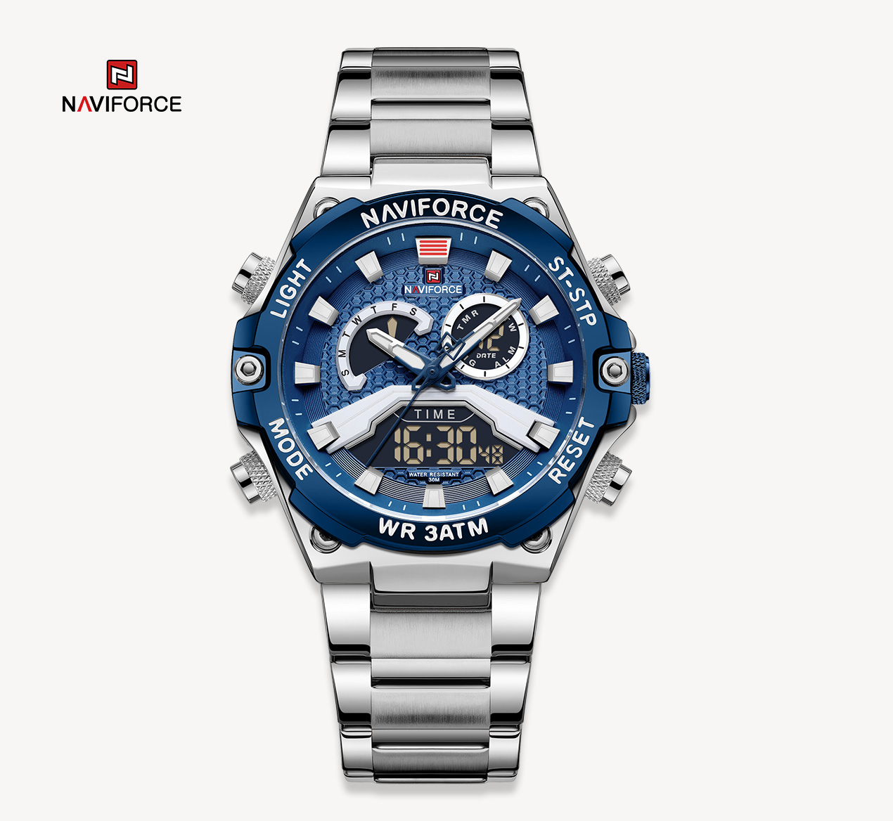 NAVIFORCE NF9207 Military Fashion Quartz Luminous Dual Display Waterproof Male LED Digital Alarm Clock Men Watches-S/BE/BE