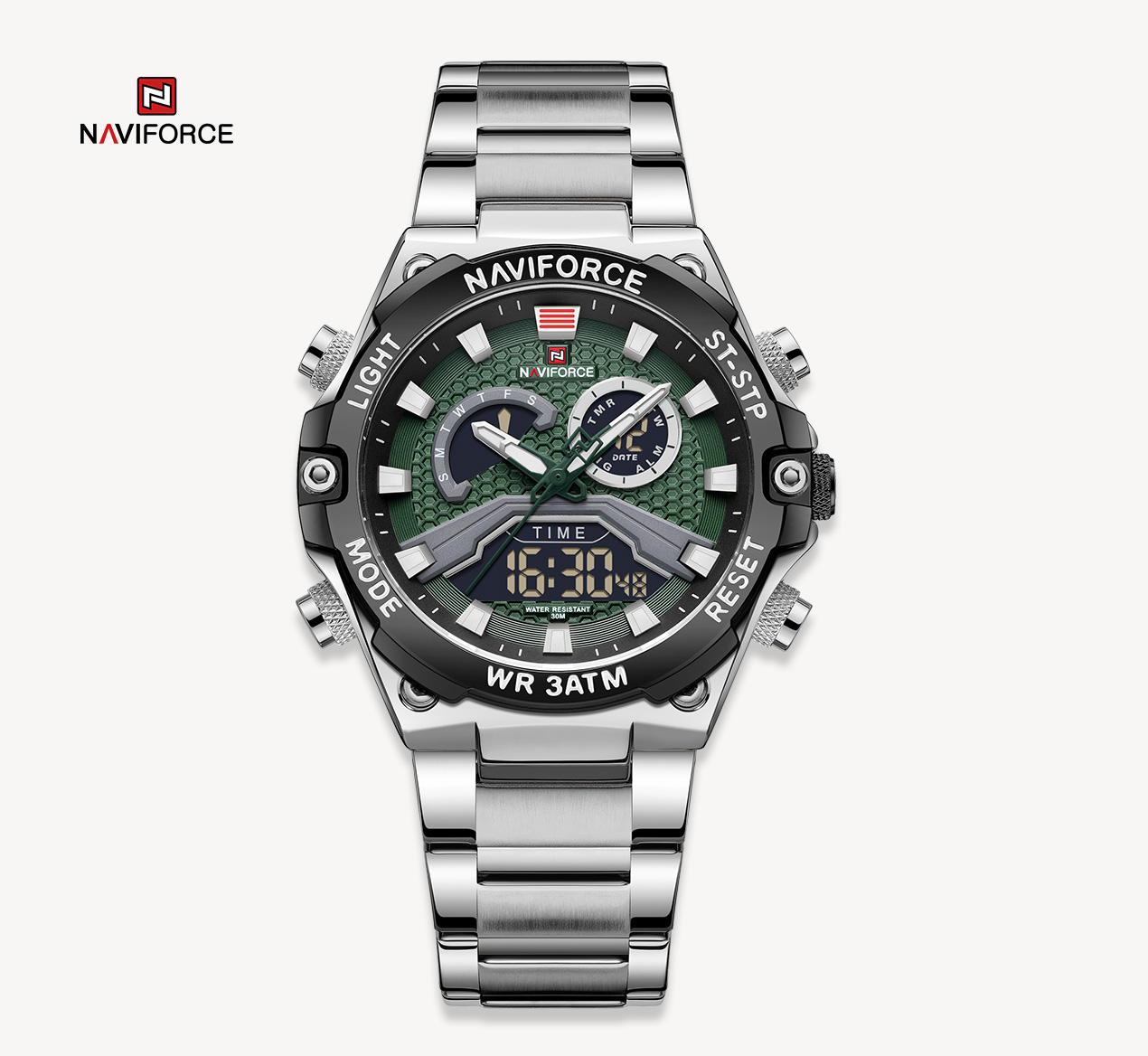 NAVIFORCE NF9207 Military Fashion Quartz Luminous Dual Display Waterproof Male LED Digital Alarm Clock Men Watches-S/B/GN