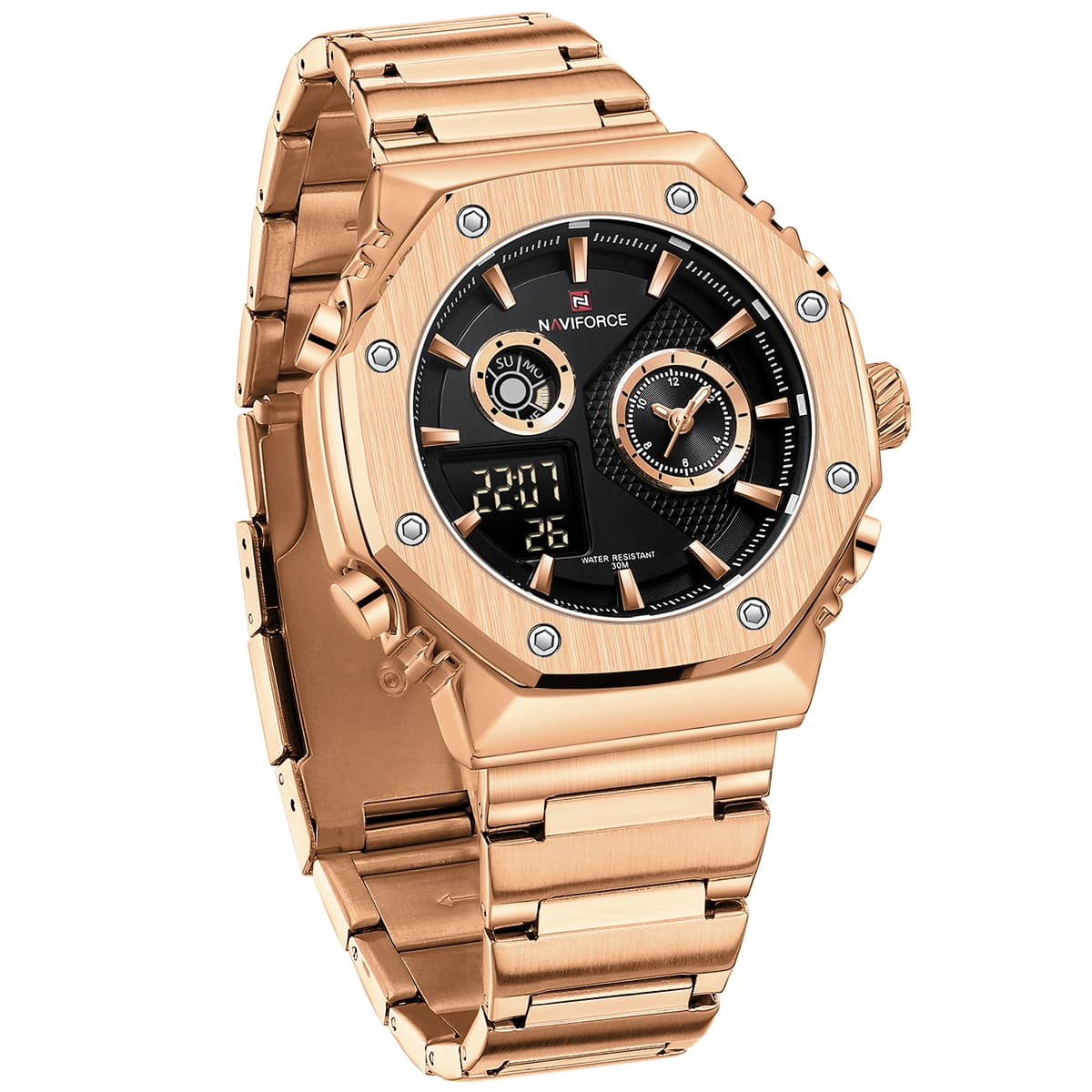 NAVIFORCE NF9216S New Fashionable Style Dual Time Display LCD Digital Analog Quartz Luminous Water Resistant Man Wristwatch-RG/B
