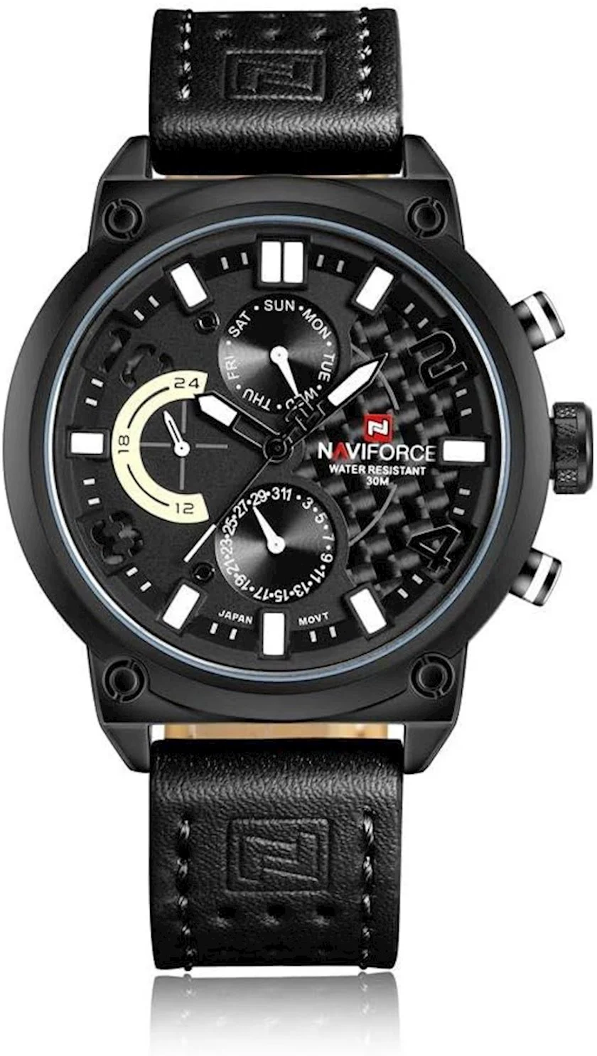 NAVIFORCE Nf9068L Chronograph Watch With Leather Strap For Men-B/W/B