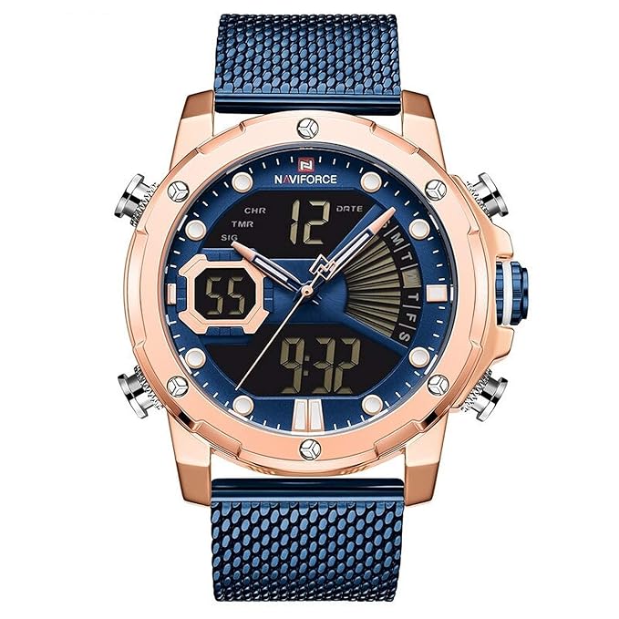 NaviForce NF9172S Dual Time Digital Analog Stainless Steel Mesh Watch for Men-RG/BE/BE