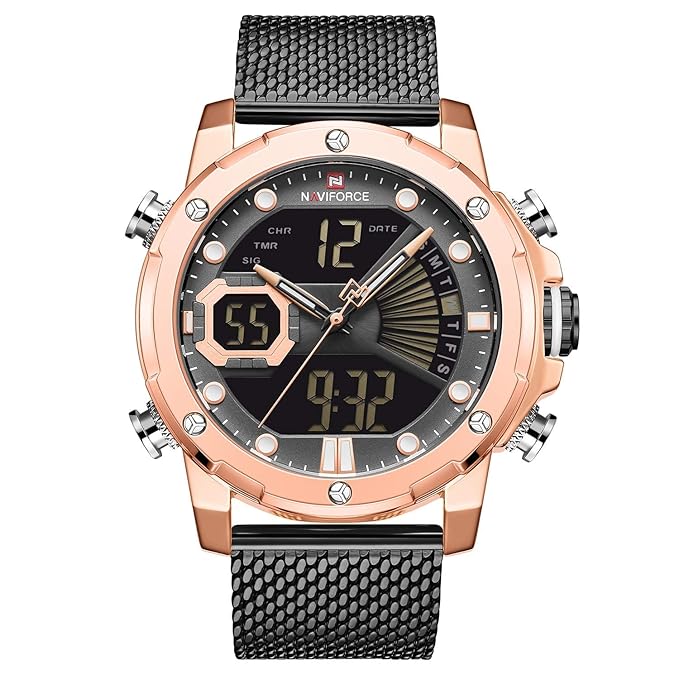 NaviForce NF9172S Dual Time Digital Analog Stainless Steel Mesh Watch for Men-RG/B/B