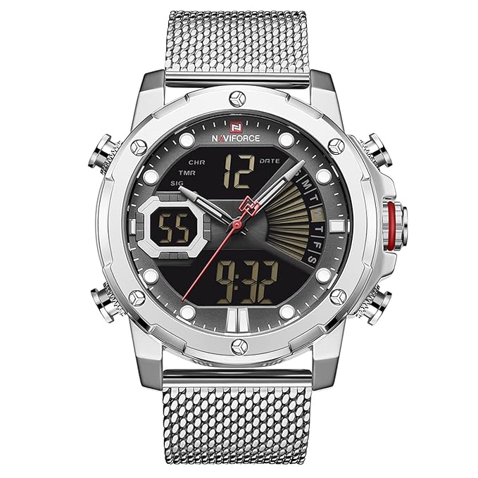 NaviForce NF9172SDual Time Digital Analog Stainless Steel Mesh Watch for Men-S/B/W