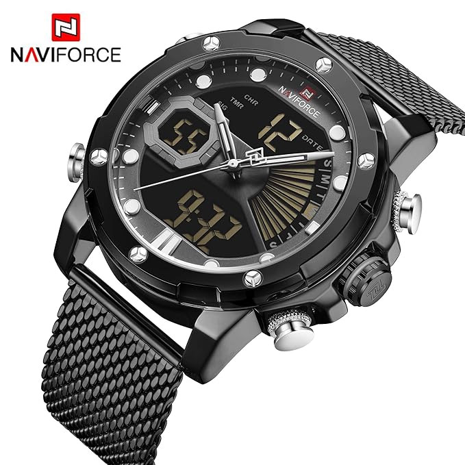 NaviForce NF9172S Dual Time Digital Analog Stainless Steel Mesh Watch for Men-B/GY/B