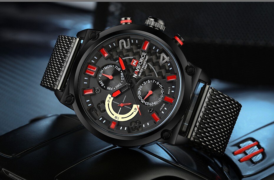 NAVIFORCE NF9068S Mens Luxury Analog Stainless Steel Watch-B/R/B