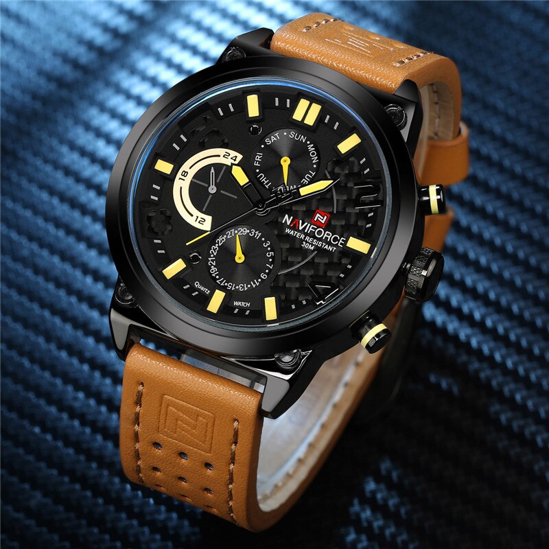 NAVIFORCE Nf9068L Chronograph Watch With Leather Strap For Men-B/Y/BN