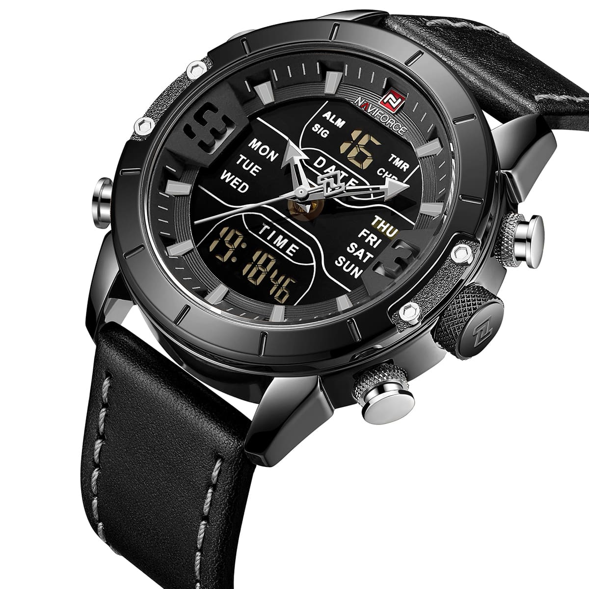 NAVIFORCE Nf9153L Double Time Multi-Function Watch With Genuine Leather Strap-B/GY/B