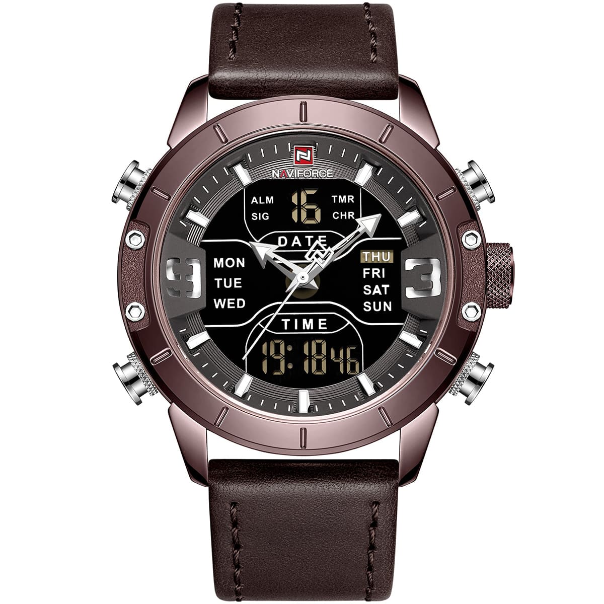 NAVIFORCE Nf9153L Double Time Multi-Function Watch With Genuine Leather Strap-CE/CE/D.BN