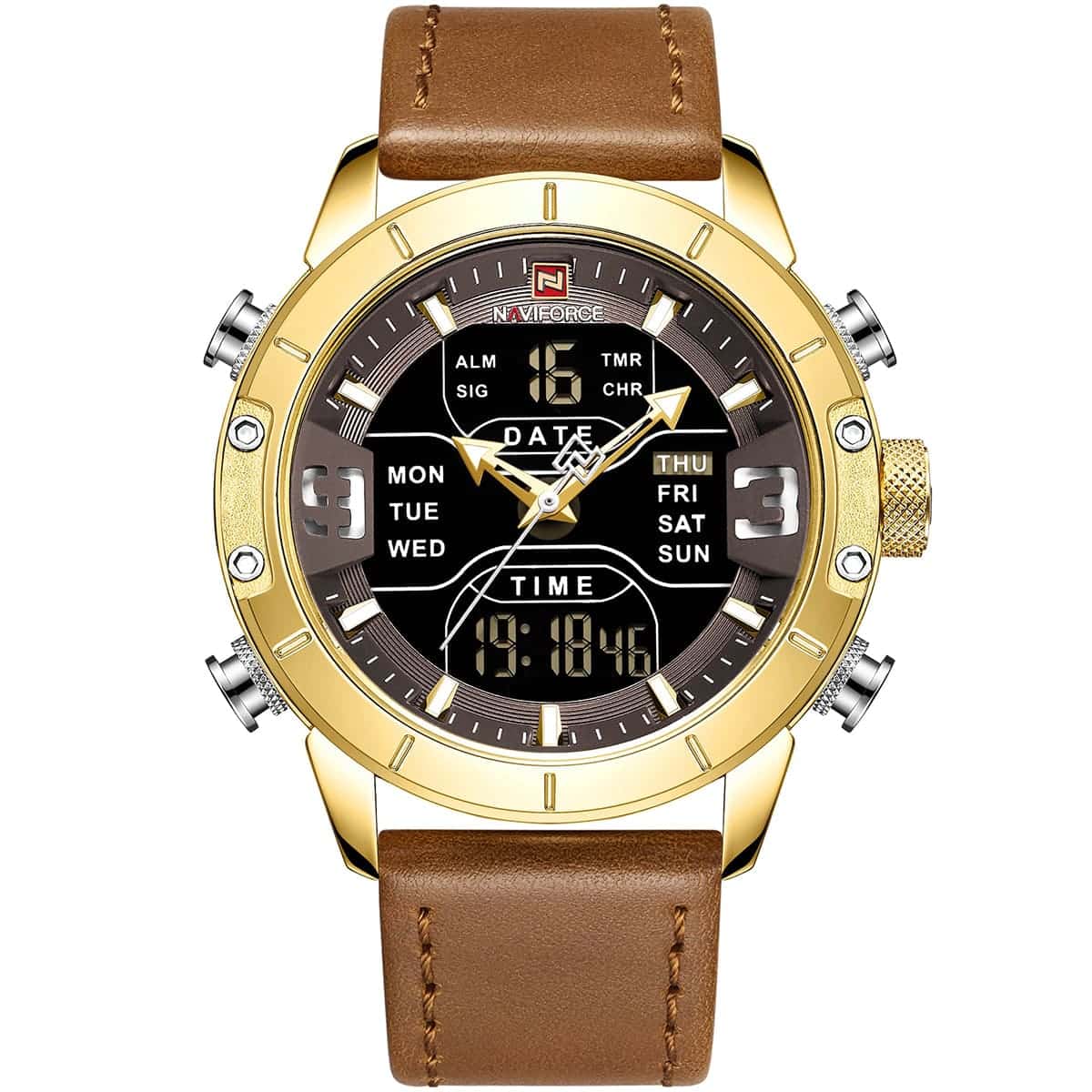 NAVIFORCE Nf9153L Double Time Multi-Function Watch With Genuine Leather Strap-G/B/L.BN