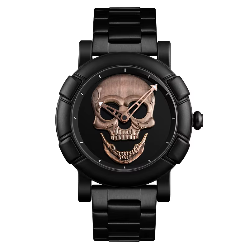 SKMEI 9178 Men Fashion Skull Creative Stainless Steel Waterproof Quartz Wrist Watch -Rosegold